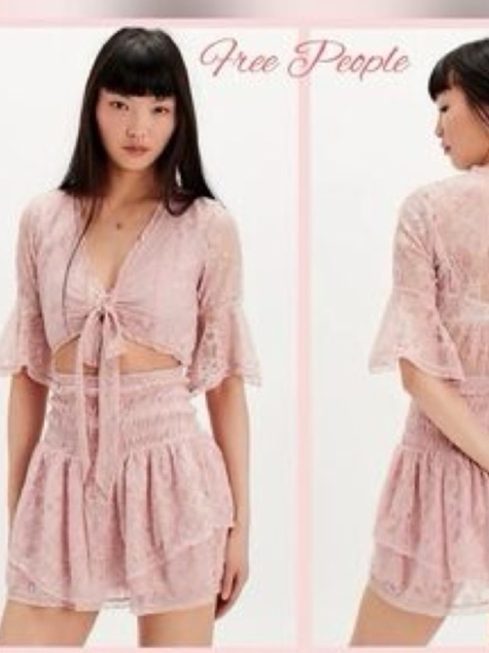 Free People Blush Pink Lace Tie-Front Mini Dress medium all mauve lace